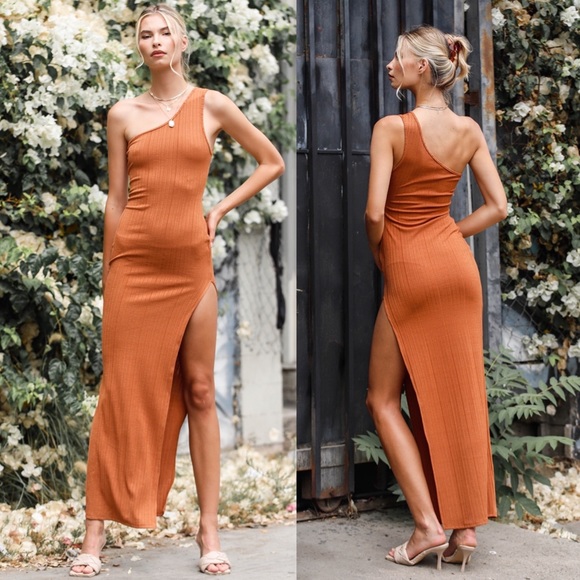 Orange Rust Ribbed One Shoulder Maxi Dresses - Picture 4 of 4